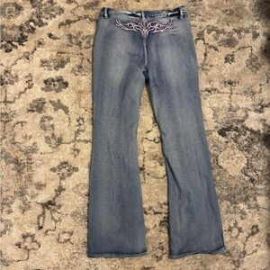 SHEIN Blue Flare Jeans with Pink Embroidery
